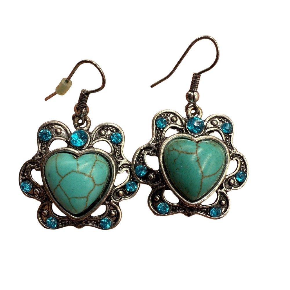 Turquoise Heart Dangle Earrings Southwestern Boho Rhinestone Dangle Earrings